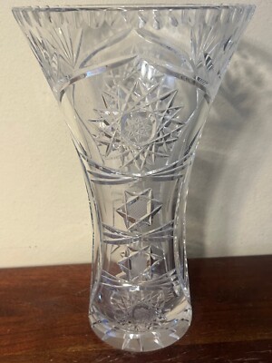 Large Beautiful Vintage Hand Cut Crystal Glass Vase 6 & 16 Point Stars Germany 