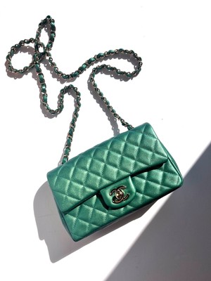 Authentic CHANEL Iridescent Green 2022 Rectangular Mini Flap Bag