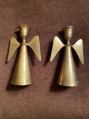 Vintage Pair Brass Angel Wings Candle Taper Holders Unpolished Made in India 4''