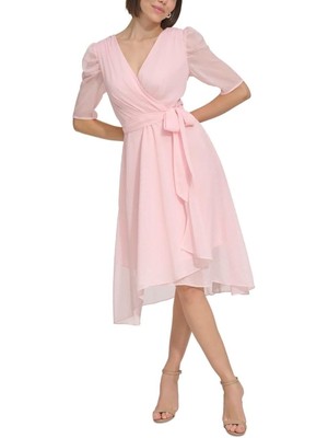 TOMMY HILFIGER Womens Pink Lined Self-tie Belt Hem Pouf Sleeve Midi Dress 14