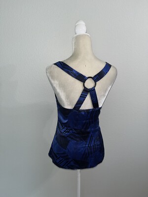 Bebe Silk Blend Satin Blue Geometric Strappy Tank Top Stretch Blouse y2k 90s M