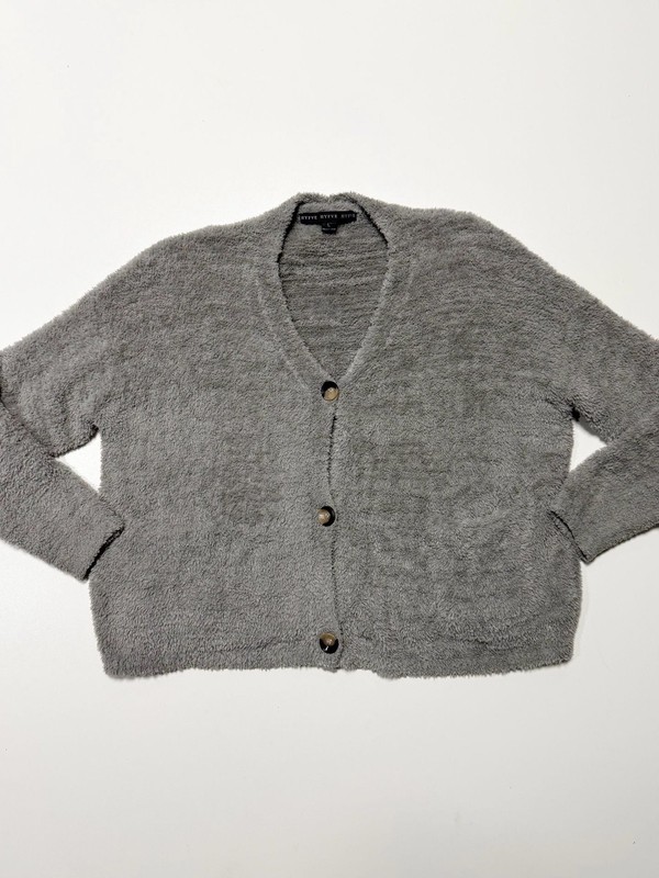 HYFVE Cardigan Size L Gray Fuzzy Fleece Button Up V-Neck Sweater grandmacore,