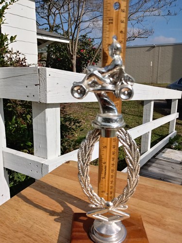 vintage gocart racing metal trophy with wood base. 10