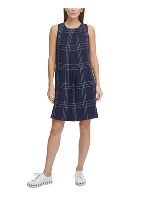 

DKNY Женское темно-синее клетчатое платье без рукавов с круглым вырезом выше колена трапеция, Navy