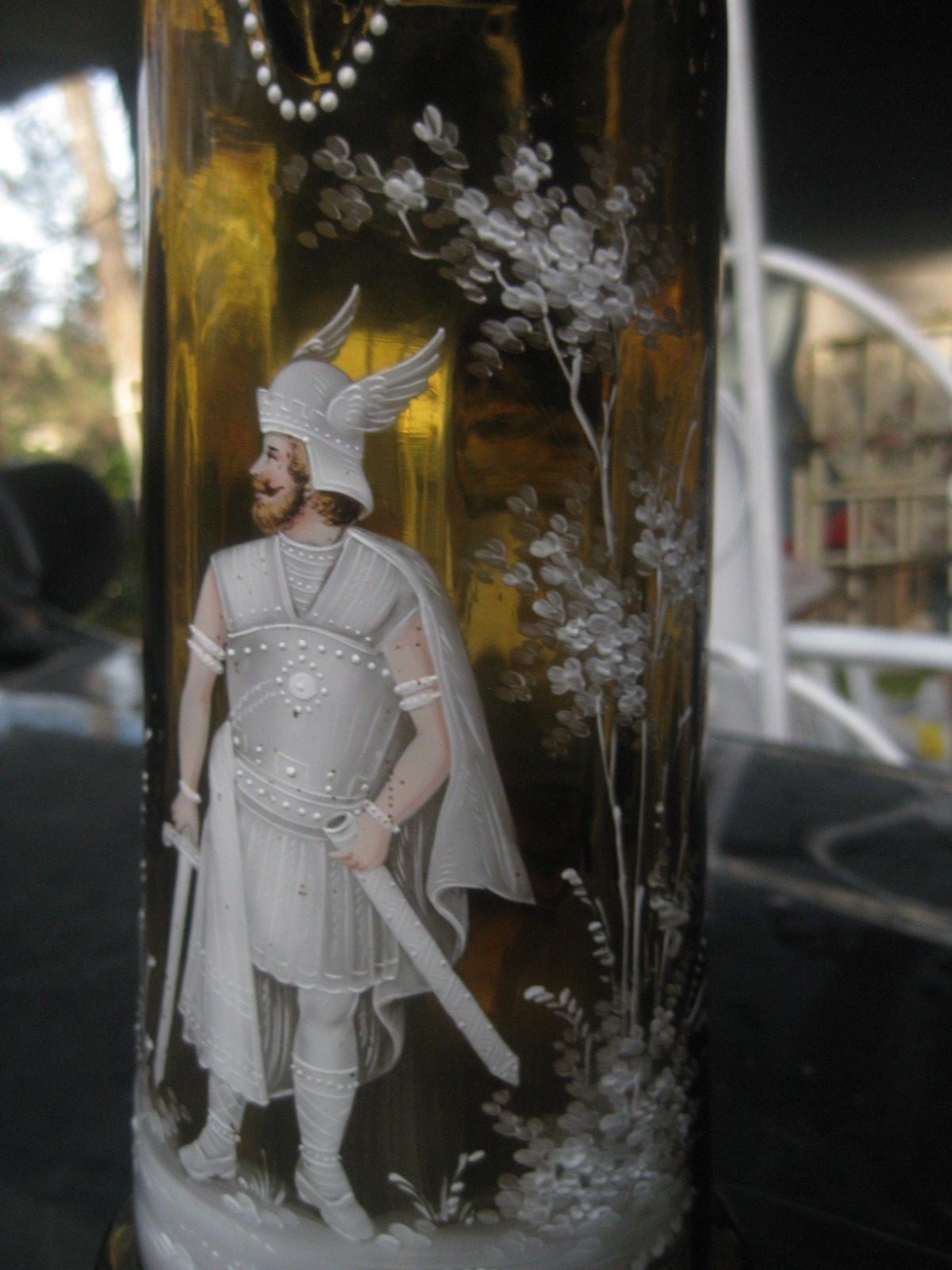 Large antique German Brueder Thannhauser Company amber glass beer stein/tankard