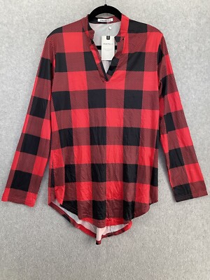 Pink Milly Women's Tunic Blouse Red Black Plaid Check Long Sleeve Size Large