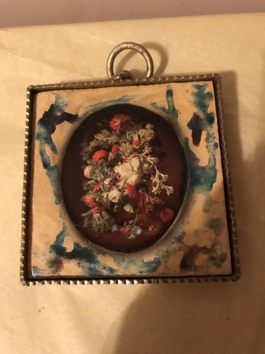 VINTAGE SET OF 3 METAL SQUARE FRAME WITH  FLORAL PICTURES MADE IN SPAIN RARE !!