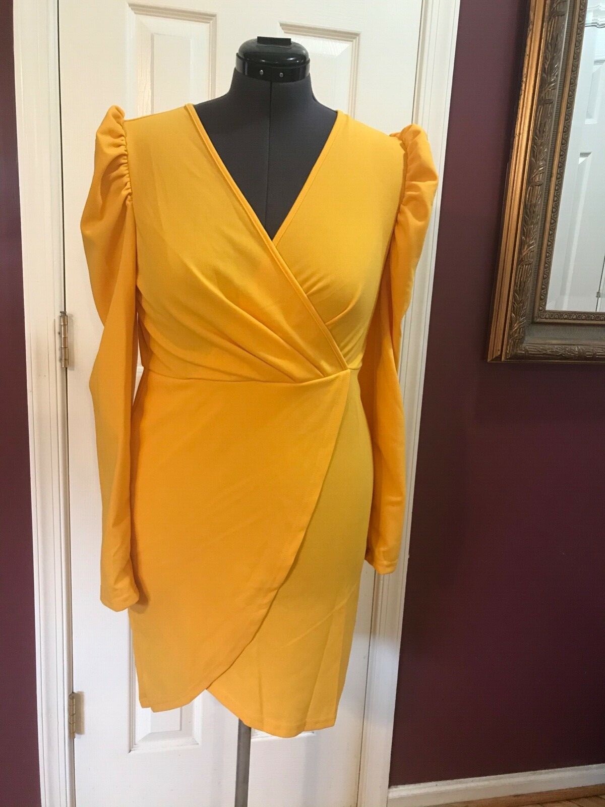 Orange Wrap Dress Size L Zipper Back Puff Sleeves and Tie