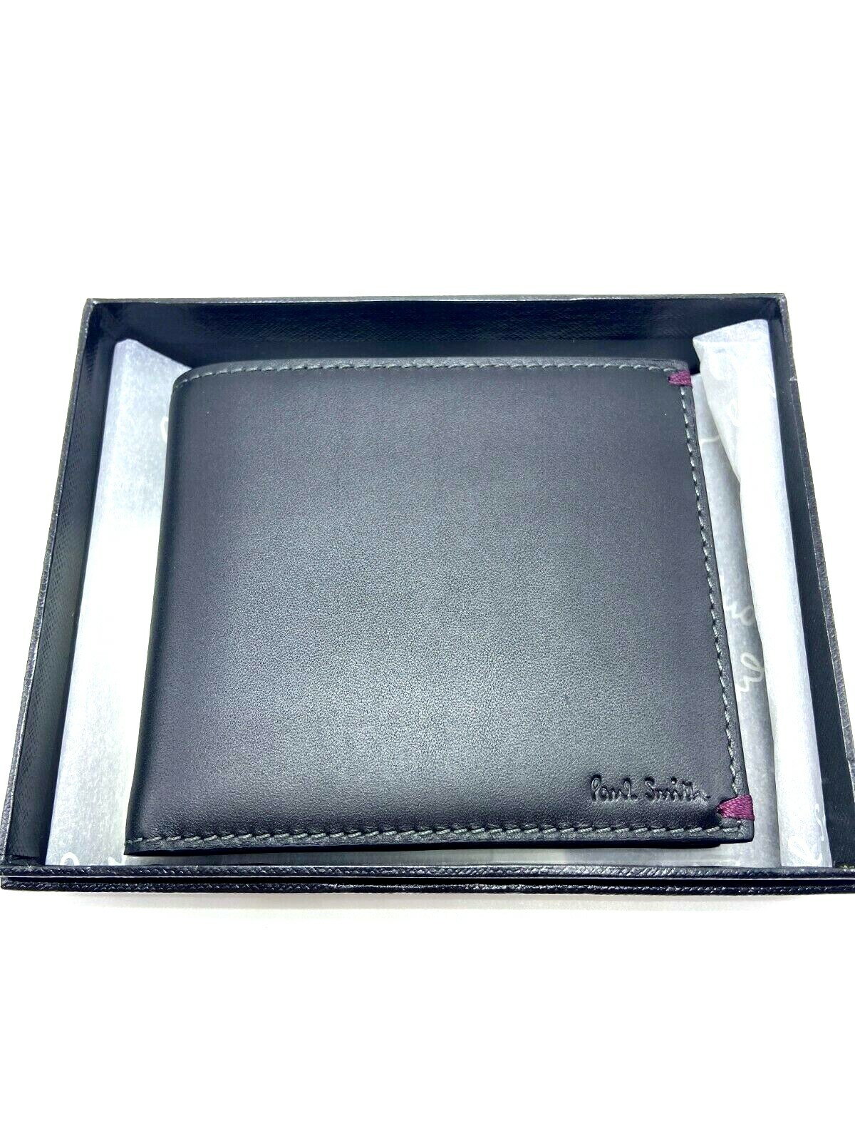 Pre-owned Paul Smith $400  Black Leather Mini Print Men's Billfold And Coin Wallet