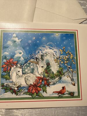 Vtg Unused Christmas Card W/env Unicorn Mom and Baby Snow Cardinal