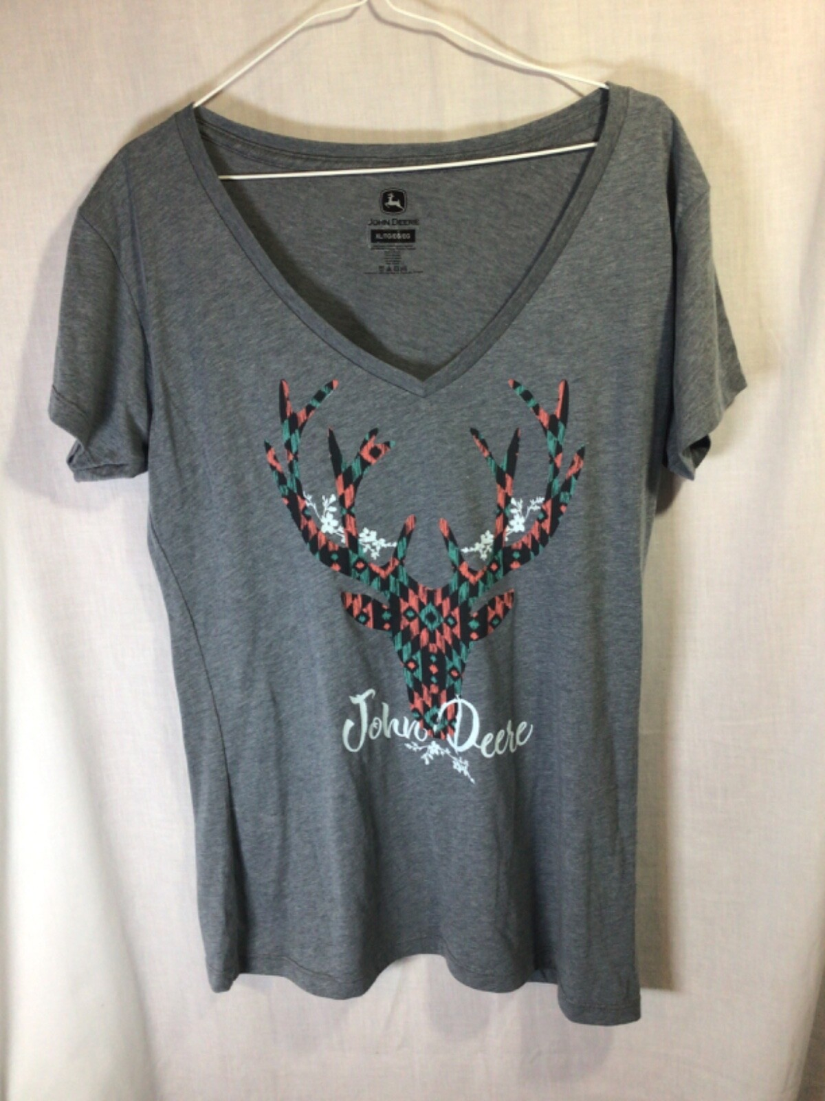 John Deere Women's Gray XL V Neck Cotton Blend T Shirt T15