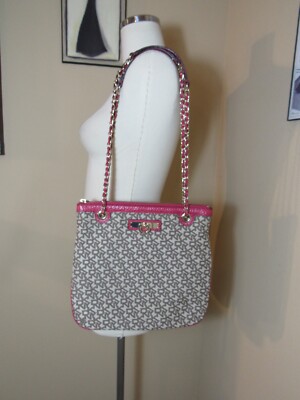 DKNY Donna Karan Signature Logo Crossbody Shoulder Bag Chain Strap & Pink Trim