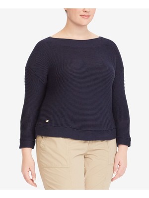 

RALPH LAUREN Женский темно-синий свитер с логотипом и заниженными плечами, рукавами 3/4, плюс, Navy