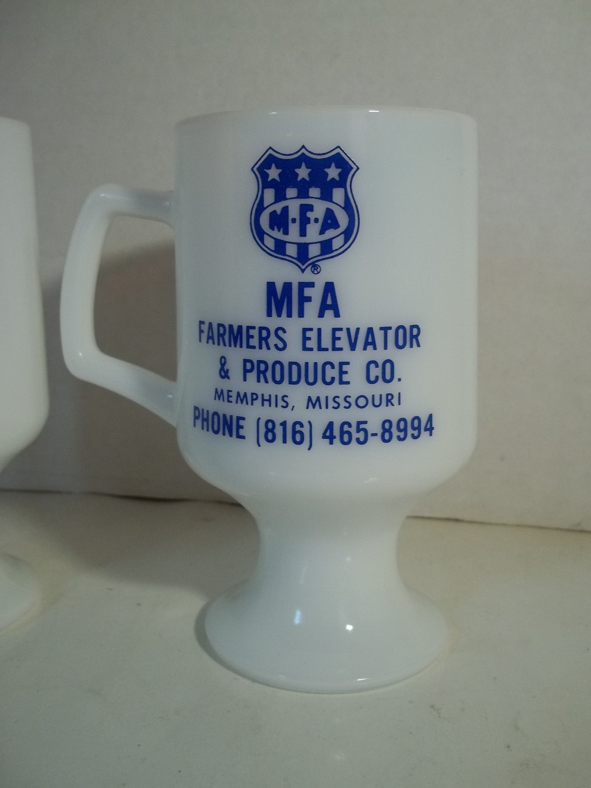 2 Bicentennial Milk Glass Pedestal Mugs 1 Advertising MFA Memphis Missouri