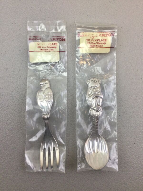 Vintage Reed & Barton Children Silverplate Monkey Spoon & Parrot Fork Set in Bag