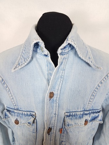 VTG 70s Levi's Orange Tab Mens Medium Denim Shirt Jacket Distressed Rivet Jean