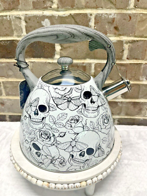 Halloween Skull Moth Roses Tea Kettle Pot Masterclass Gothic Floral Skulls NEW