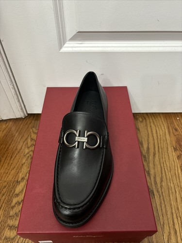Pre-owned Ferragamo Salvatore  Telve Div Black Leather Men Loafers Shoes 7.5 Eee