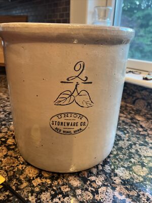 Antique Red Wing Union Stoneware Co. 2 Gallon Triple Stamp Elephant Ear Crock