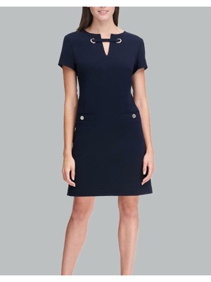 

TOMMY HILFIGER Женское темно-синее платье с короткими рукавами из крепа с аквалангом и люверсами, Navy