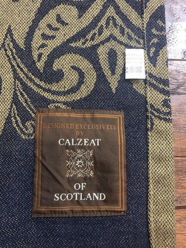 Calzeat Of Scotland Throw Blanket Scarf 67” X 52” Gold Navy Blue Fringe Trim