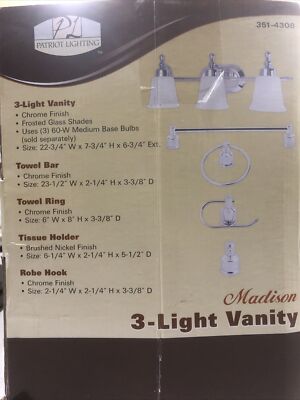 Patriot Lighting Madison 3 Light Chrome Vanity Light With Towel Bar Accessories