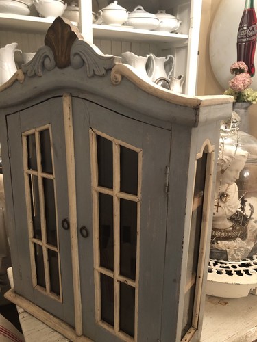 Vintage French Painted Wall Cabinet Spice Vitrine Display Curio Glass Curve Top