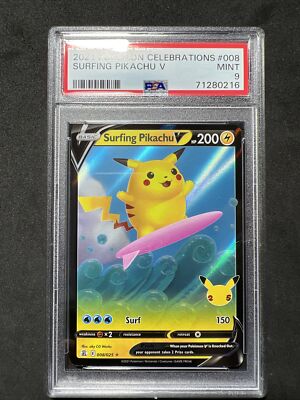   Pokemon PSA 9 Mint Celebrations Surfing Pikachu V #008