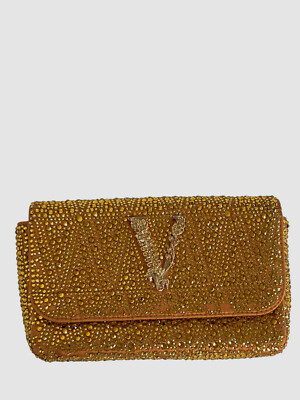 $2375 Versace Women's Gold Virtus Mini Embellished Canvas V Logo Shoulder Bag