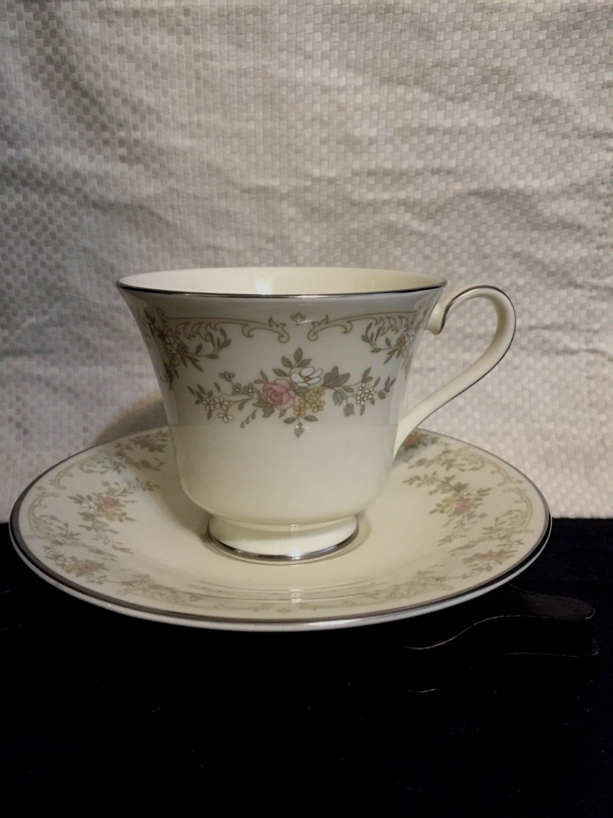 Royal Doulton Diana Cup and Saucer, Pastel Flowers, Platinum Trim,  Mint