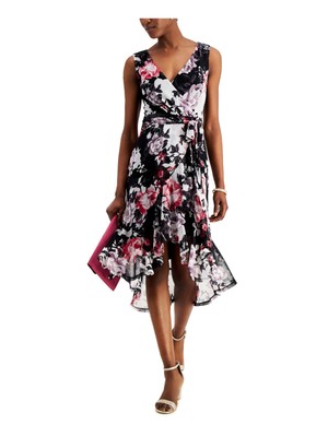 CONNECTED APPAREL Womens Black Tie Sheer Floral V Neck Midi Party Hi-Lo Dress 14