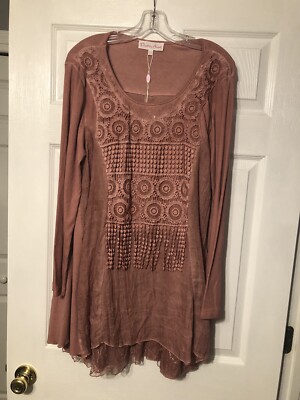 Pretty Angel LS Layered Lace Romantic Boho Tunic Top XL Rose Color