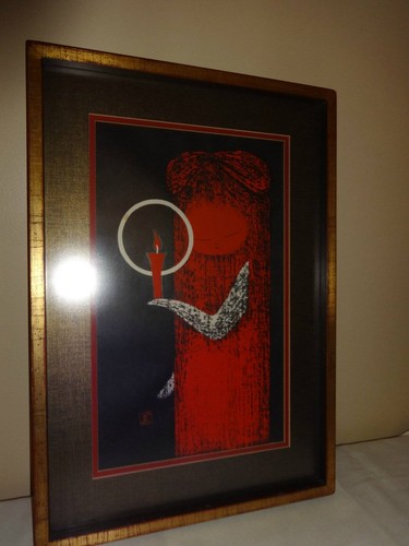 Modern Japanese Wood Block Print of a Girl with Candle Framed