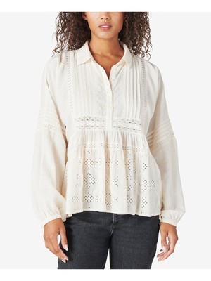 

LUCKY BRAND Женский плиссированный прозрачный топ цвета слоновой кости с длинными рукавами и воротником на пуговицах, Цвет слоновой кости
