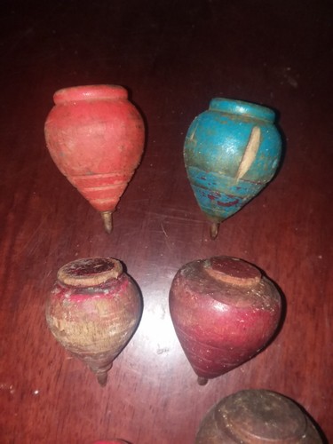 Vintage Wood Toy Spinning Top Green, Red White Metal Tip