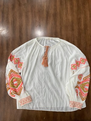Marie Oliver Ivory Peasant Style Top Blouse Embroidered Sleeves Medium NWOT