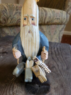 Carved Wooden Folk Art Noah with Animals Giraffe Rhino Camel Elephant 7''