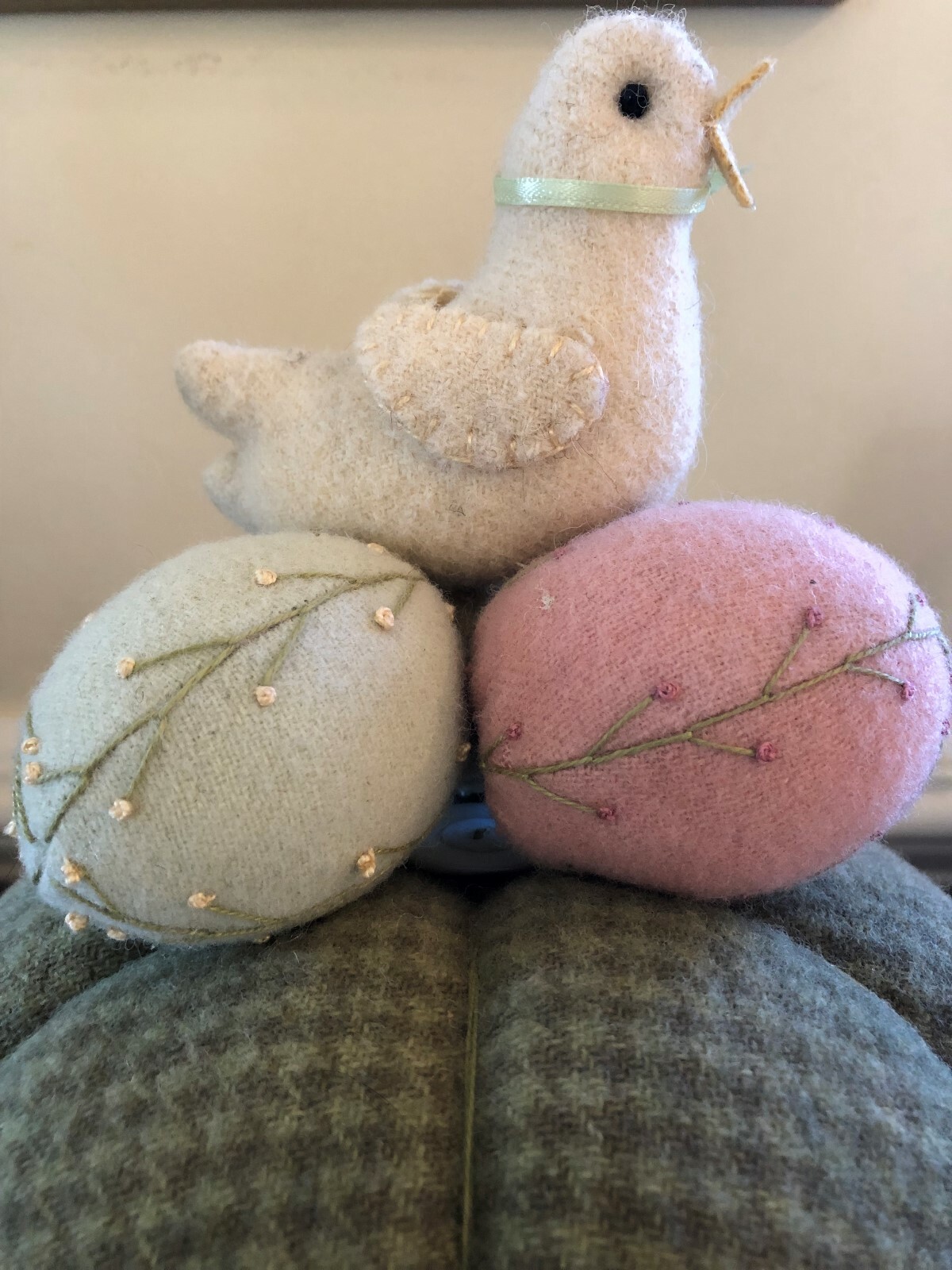 Lori Ann Corelis original Chick on Pastel Eggs Pin Cushion