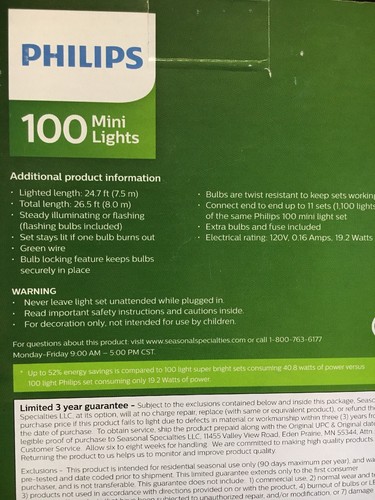 100PK Philips Clear Mini Lights Green Wire 24.7ft Indoor Outdoor