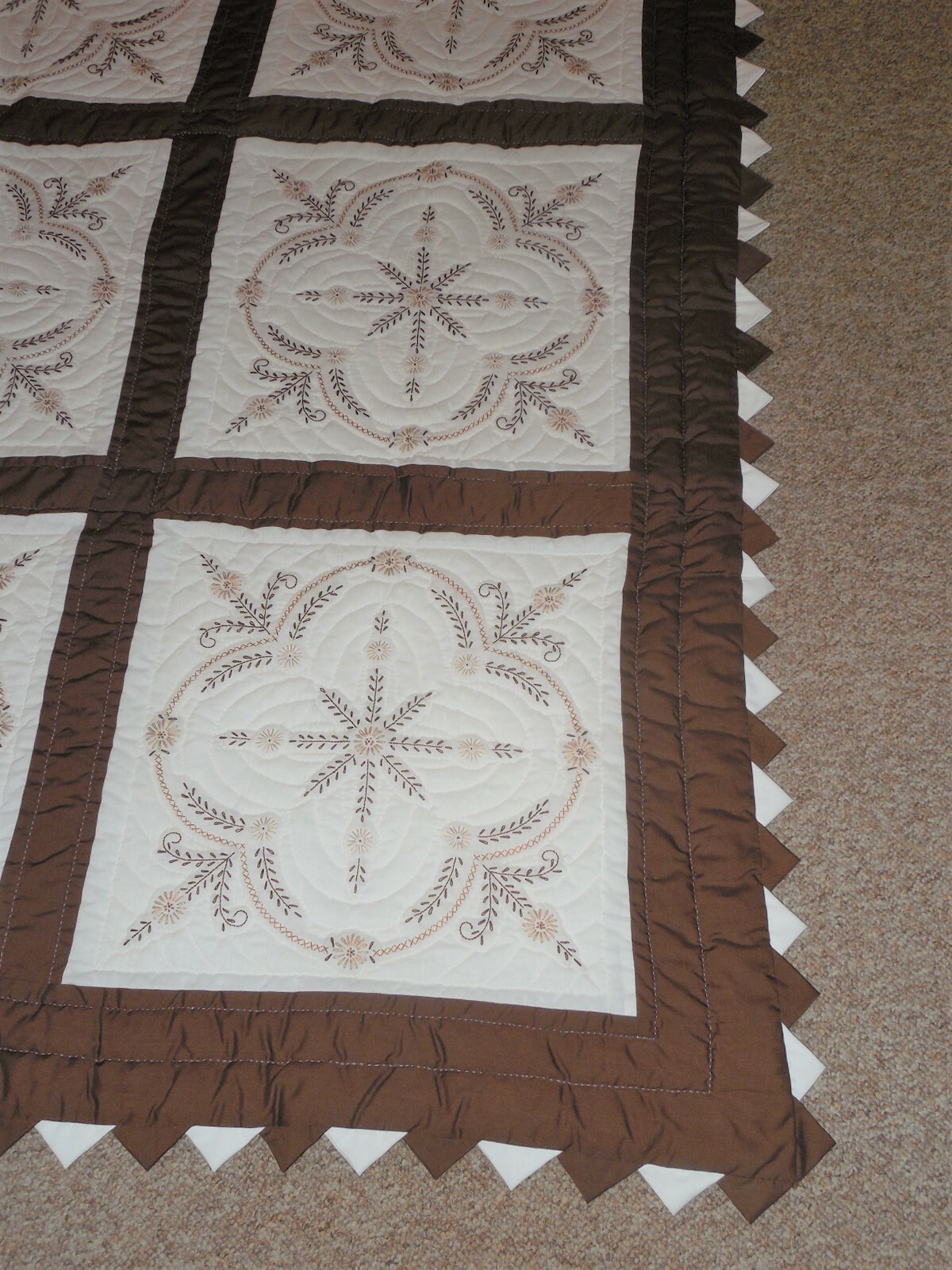 Brown & White Handmade Quilt w/ Detailed Hand Embroidery - Exceptional Nice!