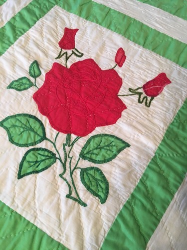 Vintage Hand Appliqued Hand Quilted red roses Quilt  84 x108 green white set