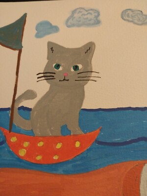 Impressionism ORIGINAL Gat Painting 6x6 Cat Whimsical Fantasy Kitten  Sea Scape