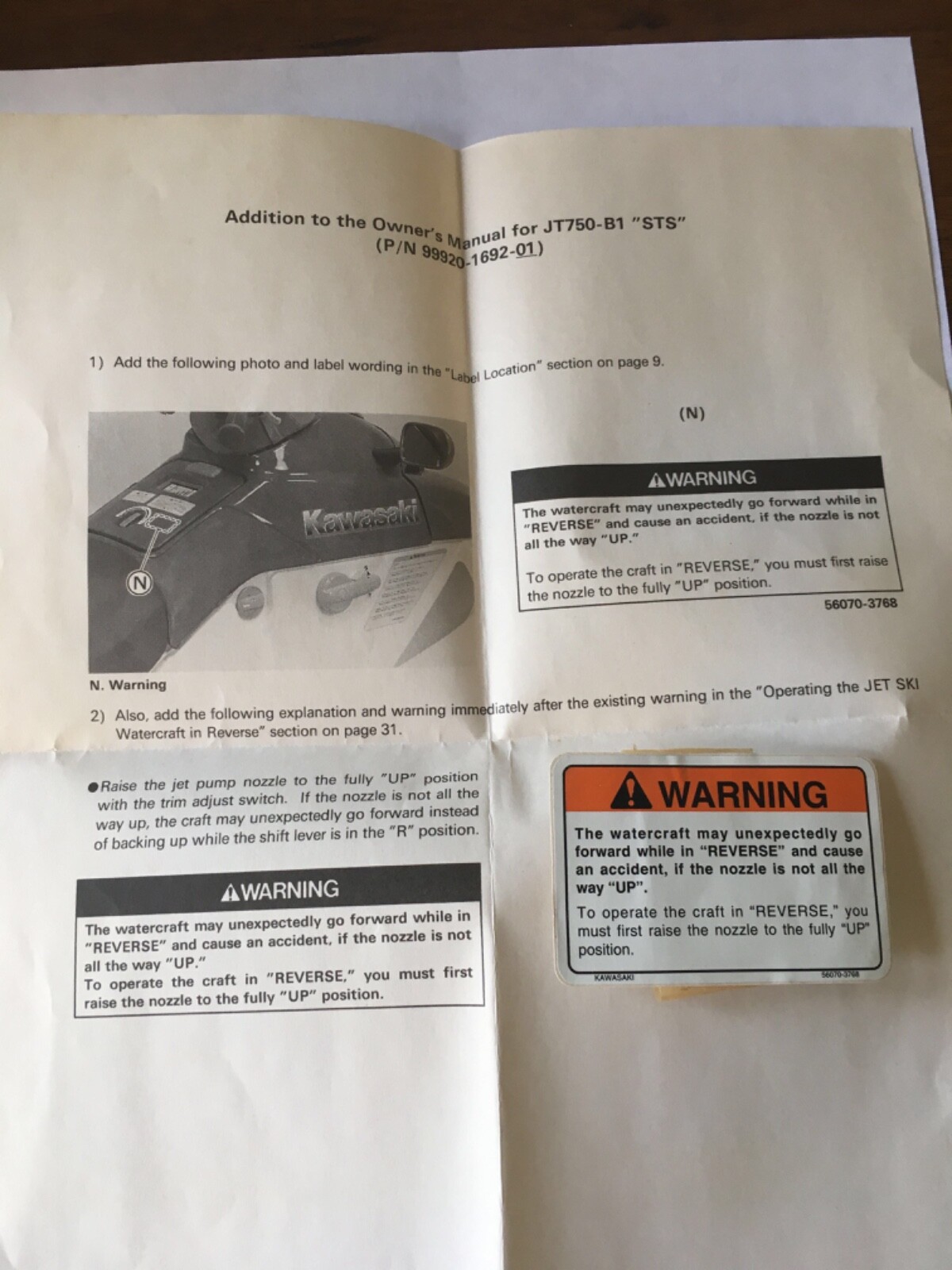Minoco NOS Kawasaki OEM Mirror Warning Label 1995-1997 JH900 JH750
