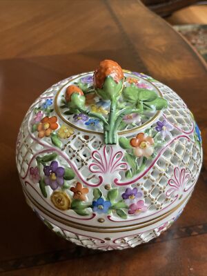 Herend Large Floral Reticulated/ Open Work Potpourri Covered Box W/Strawberry 6''