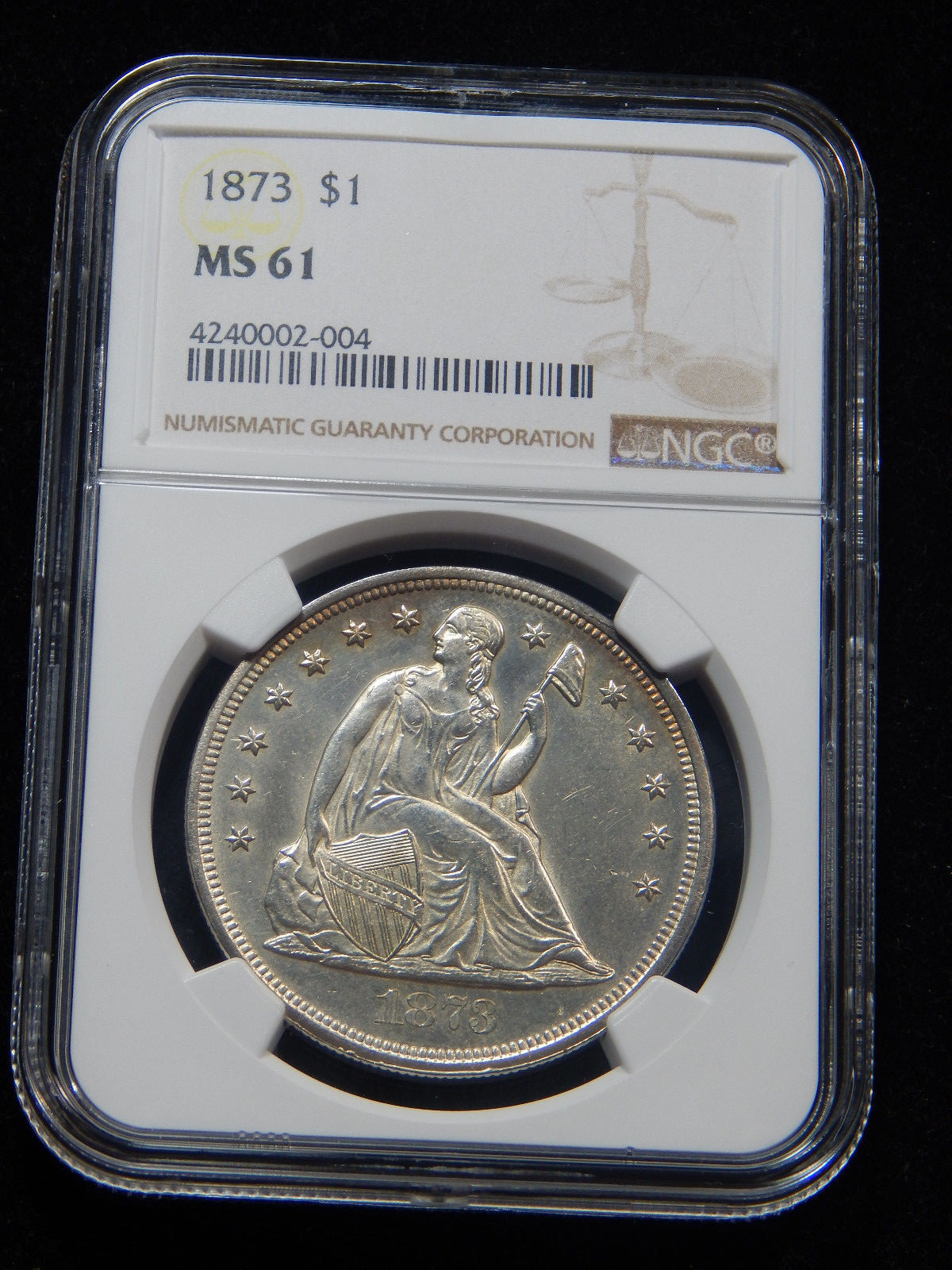 1873 $1 Seated Dollar MS-61 NGC, Very Tough Coin!