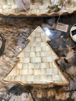 RETIRED RARE NEW MacKenzie-Childs Ceramic Parchment Check CHRISTMAS TREE PLATE.
