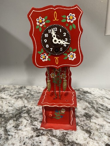 VINTAGE WOODEN MINIATURE GRANDFATHER CLOCK - RED, MADE IN WEST GERMANY