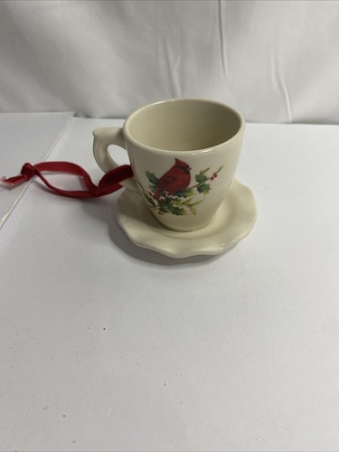 Adorable Porcelain Miniature Tea Cup Ornaments Christmas Poinsettia Red Bird