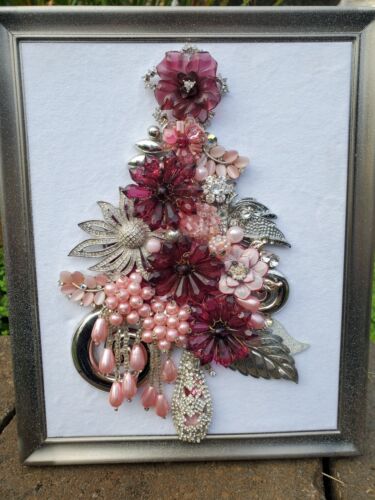 Jeweled Jewelry Christmas Tree Art Pink Silver Burgandy 8-1/2" X 11" Frame