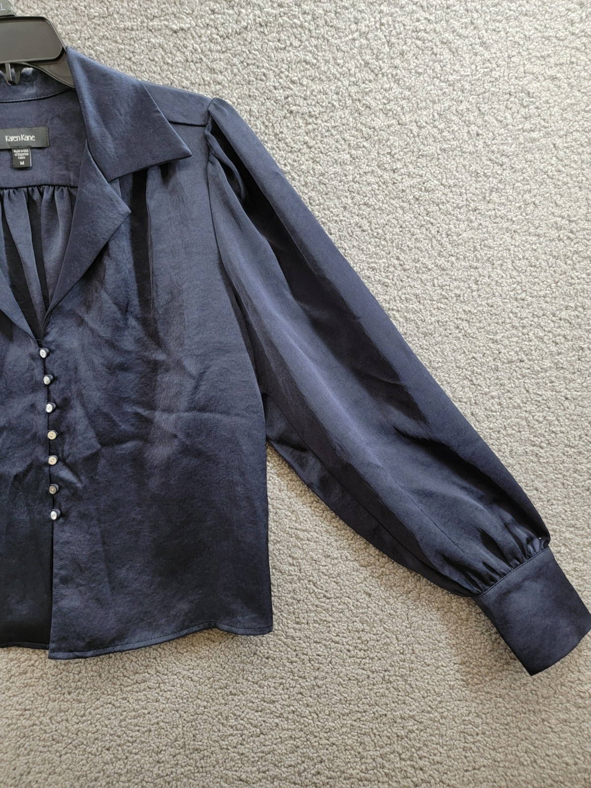 Karen Kane Shirred Blouse Women's M Navy Solid Collared Long Sleeve Button Front - Picture 5 of 18